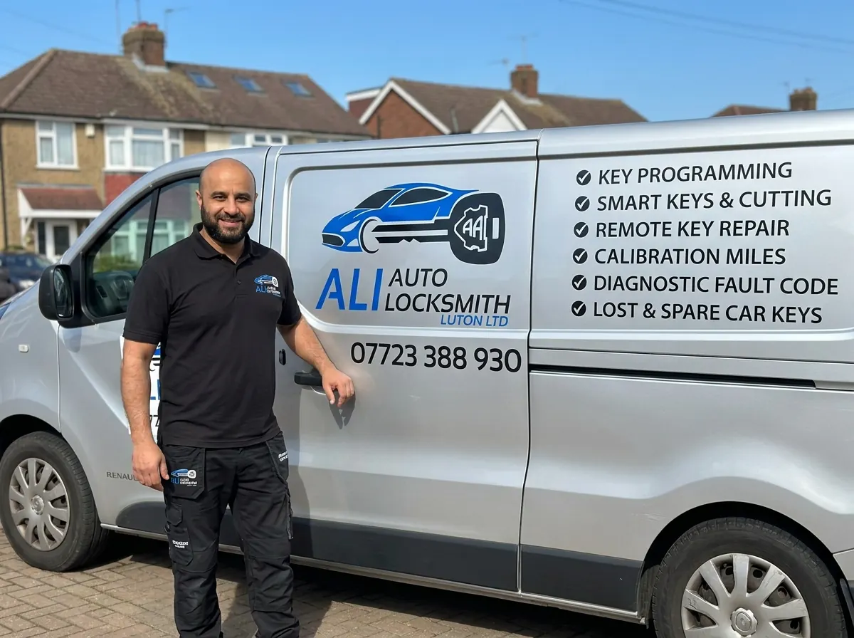 Murad Ali, mobile auto locksmith in Luton, with his fleet of branded Ali Auto Locksmith service vans